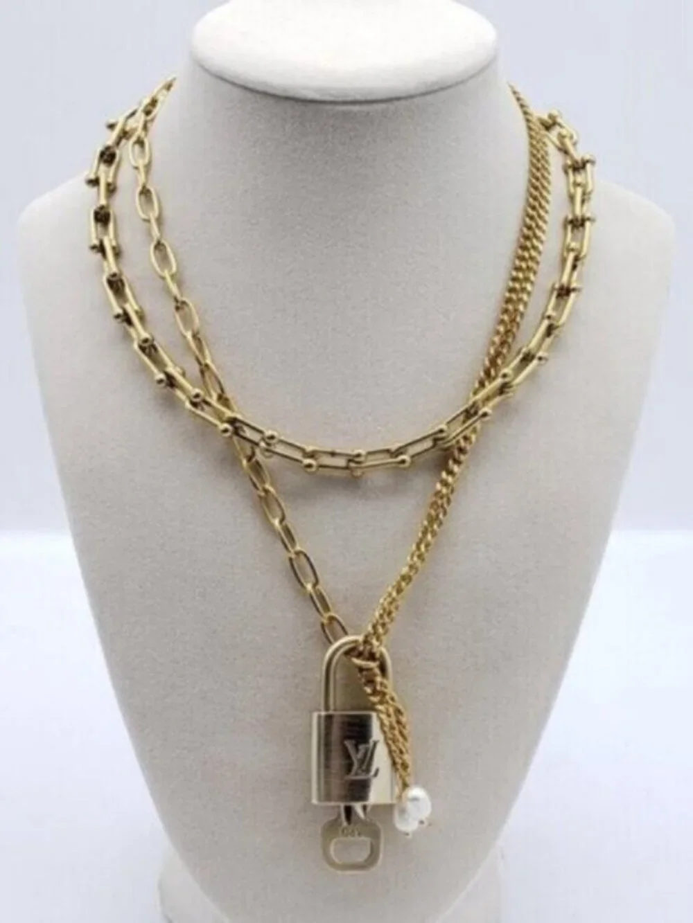 Double Chain Necklace with Authentic Louis Vuitton Padlock Pendant & Fresh Pearl
